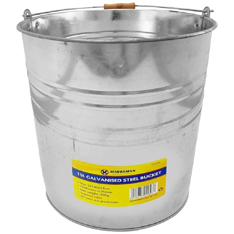 Marksmen 15L Galvanised Metal Bucket with Wooden Handle