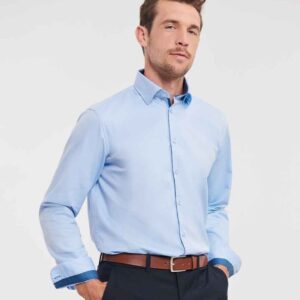 Russell Collection Long Sleeve Contrast Herringbone Shirt