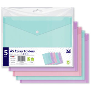 A* Stationery A5 Document Wallets 5 Assorted Pastel Colour Plastic Carry Folder