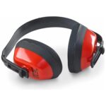 folding ear defenders in red lying down