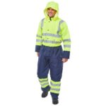 hi vis yellow and navy waterproof coverall