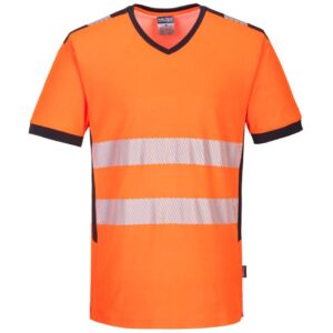 Portwest PW3 Hi-Vis V-Neck Mesh Insert T-Shirt Short Sleeve - Orange/Black